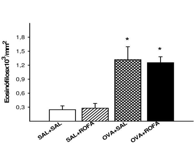 Figura  7.  Densidade  de  eosinófilos  no  infiltrado  inflamatório  no  espaço  peribroncovascular  nas  vias  aéreas  de  camundongos  BALB/c  controle  (SAL+SAL), que receberam ROFA in (SAL+ROFA), sensibilizados por OVA  (OVA+SAL),  e  sensibilizados  