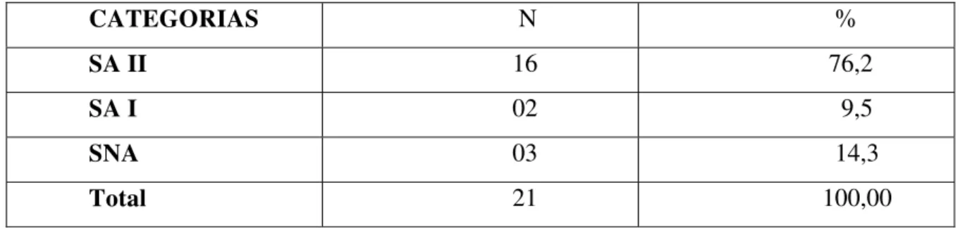 Tabela 4 – Distribuição das respostas enunciadas pelos sujeitos com relação ao  sentimento escolhido  CATEGORIAS                    N                    %  SA II                   16                   76,2  SA I                   02                     9,5