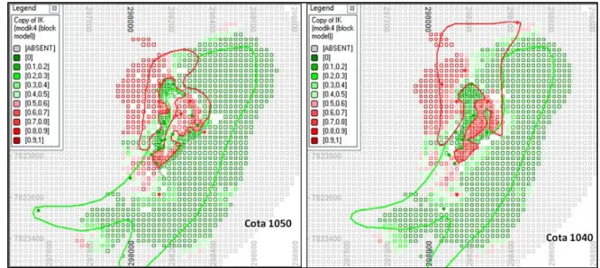 Figura 4: Seções horizontais,  cota 1050 e 1040. Linhas de contorno da seção geológica  interpretada sobreposta à  seção equivalente no modelo krigado