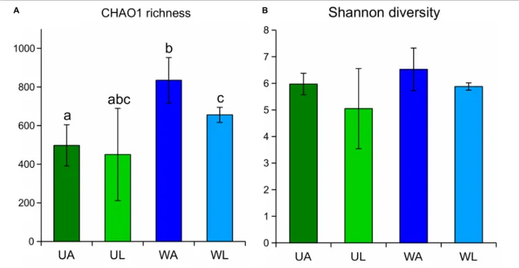 FIGURE 3 | CHAO1 richness estimates (A) and Shannon diversity index (B) obtained for Ulva-associated and surrounding water microbiomes based on 16S rRNA gene
