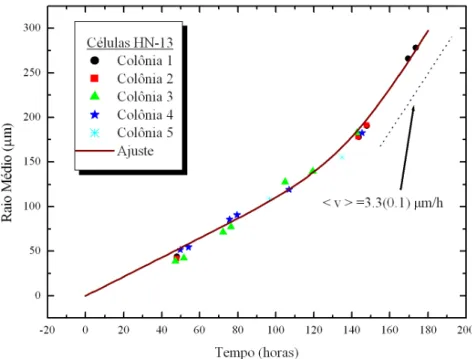 Figura 8: A evolução temporal do raio médio de várias colônias de células HN-13 (figuras geométricas coloridas), o ajuste com a equação (14) (linha sólida vinho) e a velocidade média da fase linear de expansão do raio (linha tracejada) com h v i = 3, 3 ± 0