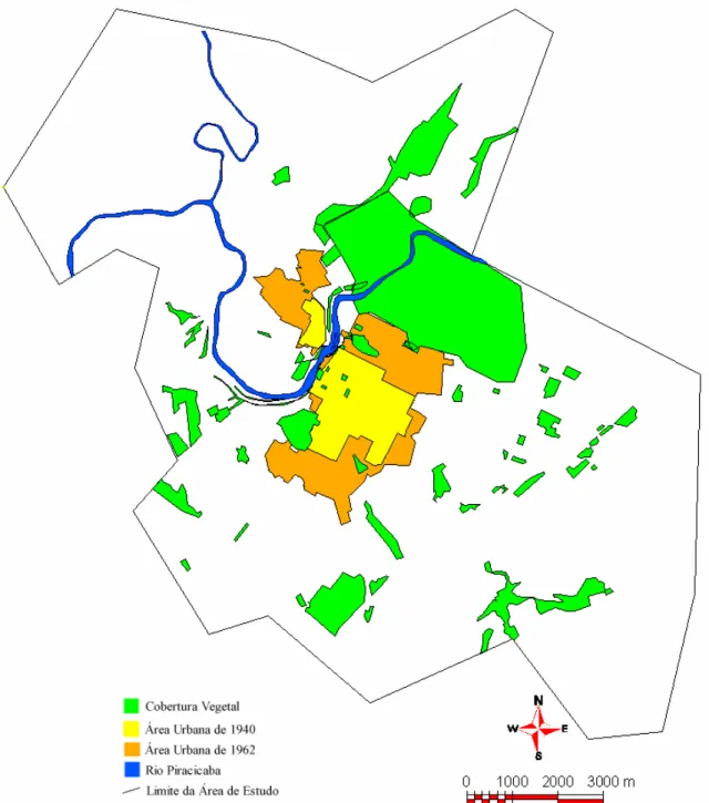 Figura 8- Perímetros Urbanos de 1940 e 1962 e Áreas de Cobertura Vegetal de 1962 