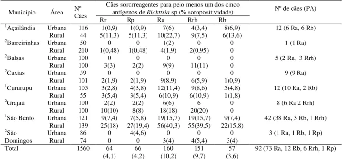 Tabela 6 -   Resultados  da  reação  de  imunofluorescência  indireta  (RIFI)  para  os  cinco  antígenos  de  Rickettsia  sp  nos  municípios  de  Açailândia,  Balsas,  Barreirinhas,  Caxias,  Cururupu,  Grajaú,  São  Bento  e  Saõ  Domingos,  Maranhão, N