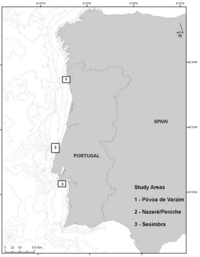 Fig. 1.  Study area including the three different locations off Portugal mainland and  showing batimetric lines