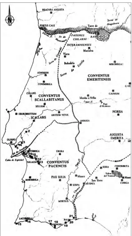 fig.  3 – Fornos de ânforas da  Lusitania. Base cartográfica: Mapa da Lusitânia definido no Colóquio Les villes de Lusitanie: hié- hié-rarchies et térritoires (Talence, 1990).