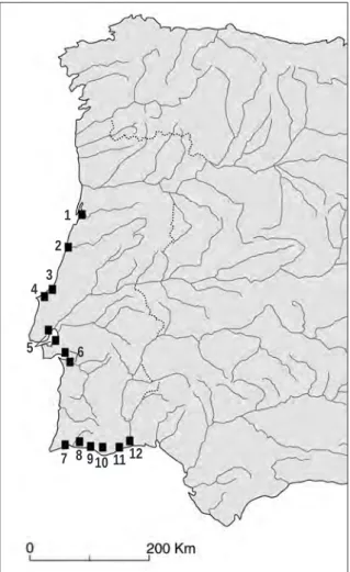 fig. 4 – Carta dos principais salgados históricos das costas portuguesas. Segundo RAU, 1951.