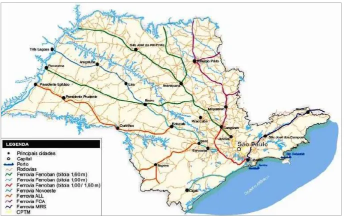 Figura 9 - Mapa das Ferrovias no Estado de São Paulo com acesso ao Porto de Santos 