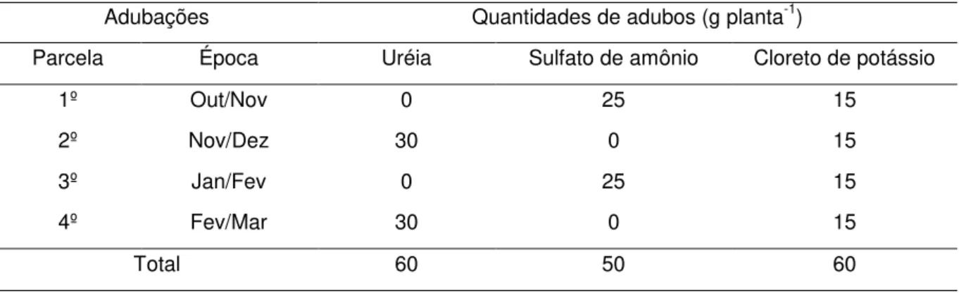 Tabela  6  –   Quantidades  e  épocas  de  aplicação  dos  fertilizantes  pelo  sistema  de  fertirrigação  para  nutrição das plantas via solo no 1º ano 