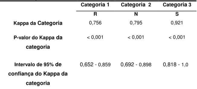 Tabela 5.10 - Kappa para a concordância das categorias R, N e S na IRM  em abertura  separadamente entre os três avaliadores 