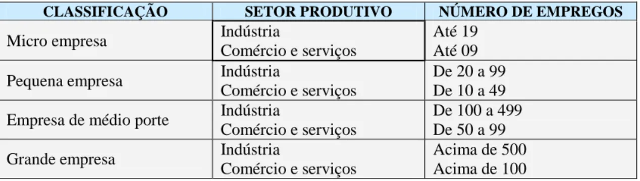 Tabela 2 – Definição de micro e pequena empresa pelo critério de mão-de-obra  empregada 