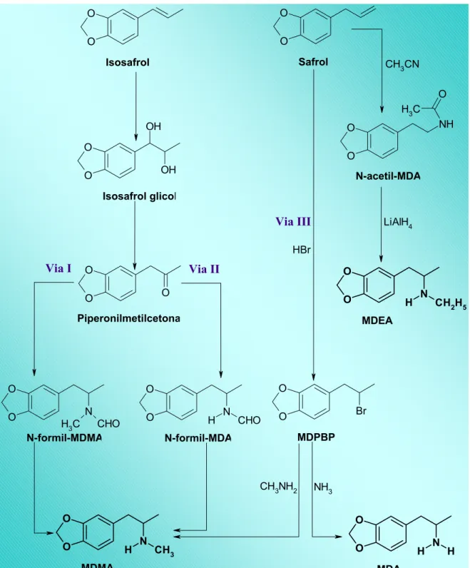Figura 4. Possíveis vias de síntese da MDMA e seus análogos a partir do safrol e isosafrol