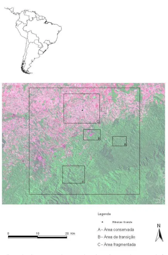 Figura 1 – Localização da paisagem amostrada com os três conjuntos de pontos: área conservada, fragmentada e de  transição 