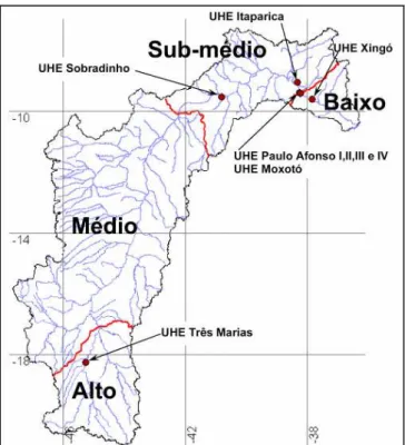 Figura 2 Identificação das regiões do Alto, Médio, Sub-Médio e Baixo São Francisco e das  principais Usinas Hidrelétricas (Fonte: CODEVASF)