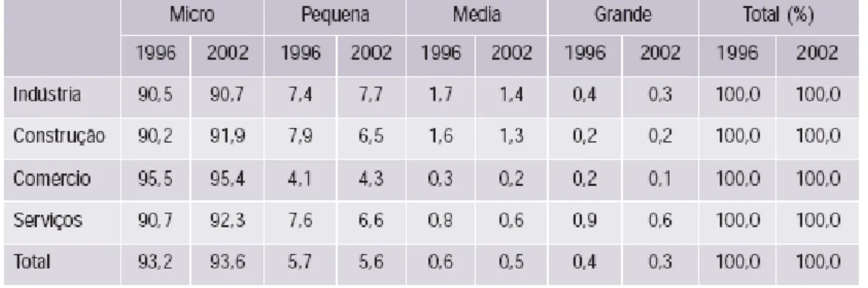 Tabela 01 – Brasil - Distribuição percentual do número de empresas por porte e setor de atividade – 1996 – 2002