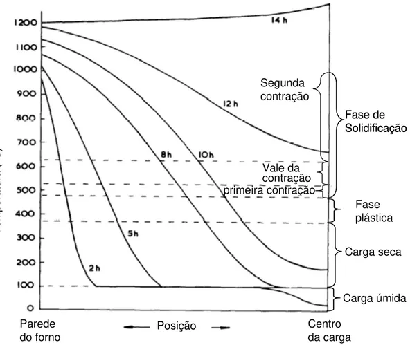 Figura 2 -  Perfis de temperatura da massa de carvão enfornada em diversos momentos da  coqueificação (MERRICK, 1983)