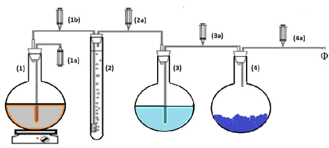 Figura 1: Sistema experimental para fracionamento de biogás, contendo: (1) balão com biomassa e água; (1a)  seringa para extração de biomassa; (1b) seringa para extração de biogás gerado; (2) proveta com solução  contendo Ba(OH) 2 ; (2a) seringa para extra