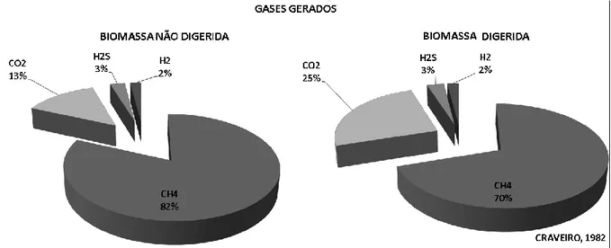 Figura 2: Concentração de gases gerados, metano, dióxido de carbono, sulfetos e hidrogênio, obtidos partindo de  biomassa não digerida (arroz cozido) em comparação com biomassa digerida (esterco suíno) (CRAVEIRO, 1982)