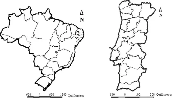 Figura 1: Divisão territorial do Brasil e Portugal Continental em Estados e Distritos, respectivamente