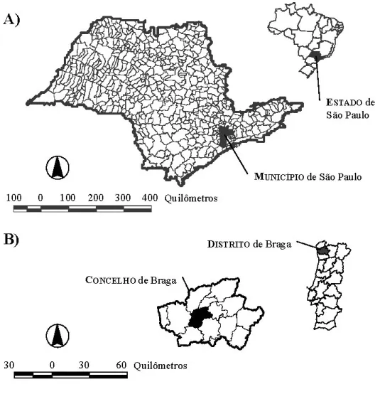 Figura 2: Divisões dos Estados no Brasil e dos Distritos em Portugal em Municípios e Concelhos, respectivamente (A) e (B)