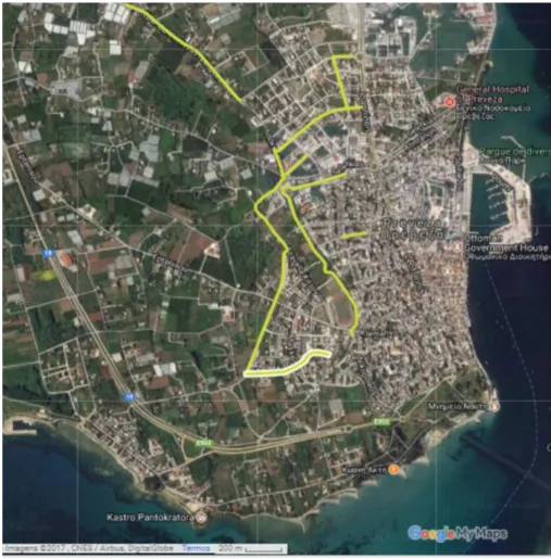 Figure 1. Map of Preveza with bike infrastructure (in yellow) depicting the investigation  area (source: Google maps)