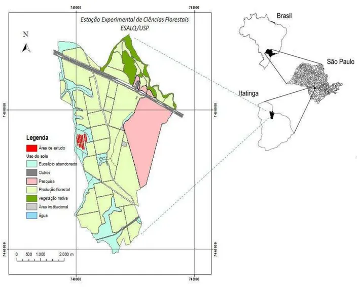 Figura 1 - Localização da Estação Experimental de Itatinga e da área de estudo  Fonte: Mendes (2012) 