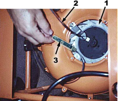 Figura 14- Detalhes do posicionamento e colocação do cabo de fibra óptica próxima  ao rotor da máquina (1- rotor, 2- cabo de fibra óptica, 3- chave  fotoelétrica ou amplificador)