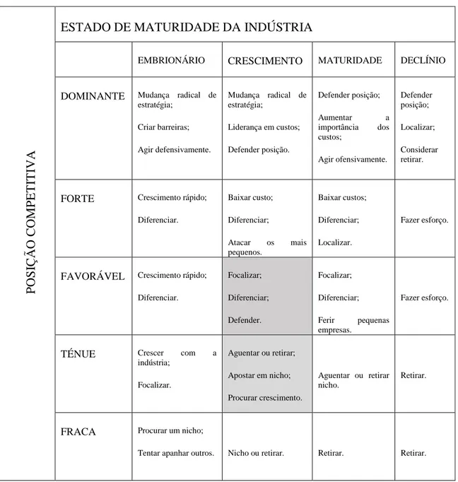Tabela 4 - Matriz A.D. Little (adaptado de Carvalho e Filipe, 2006) 