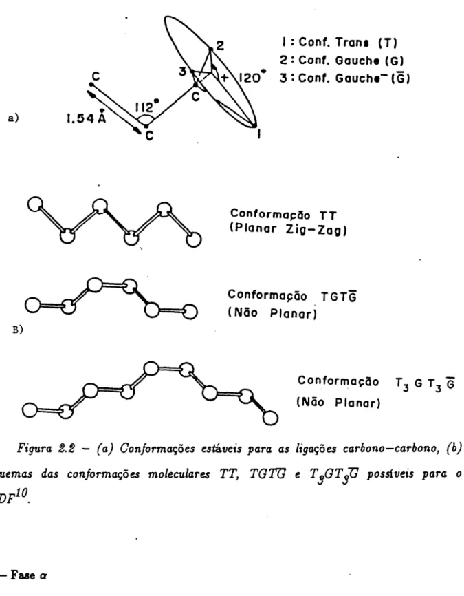 Figura 2.2 - (a) Conformações estáveis para as ligações carbono-carbono, (b) Esquemas das conformações moleculares TT, TGTa e TSGTlJ possíveis para o