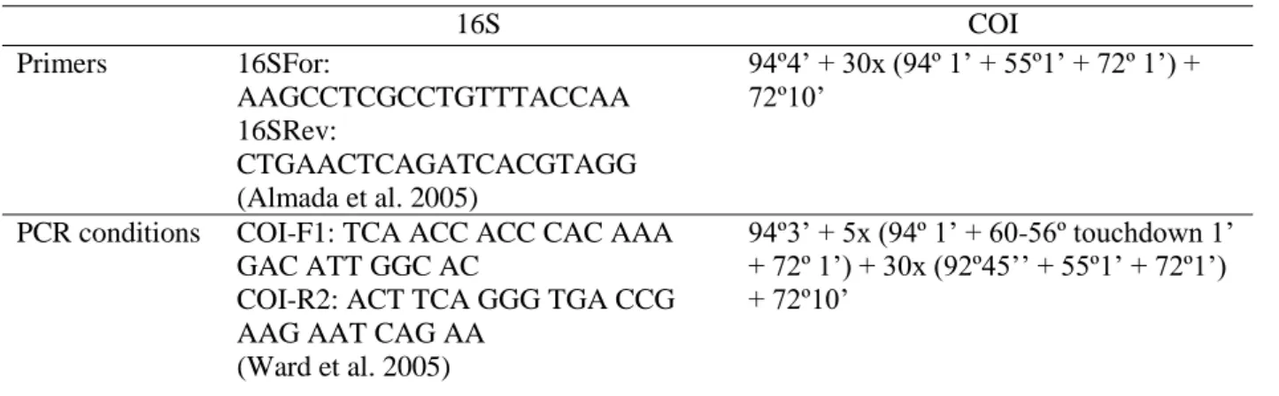 Table 2 – Primers and PCR conditions used to amplify the 16S and COI gene fragments. 