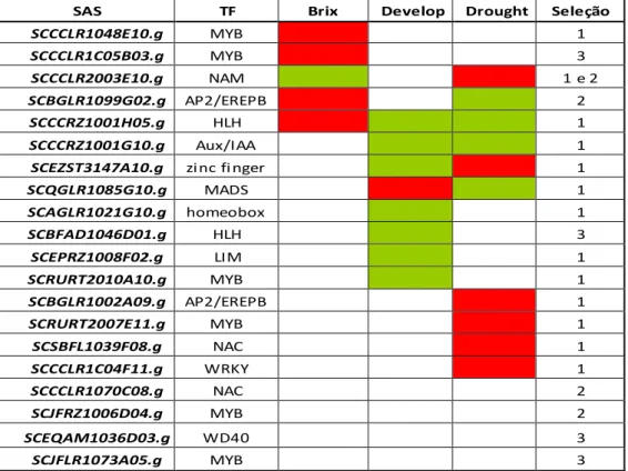 Tabela 9.1. SAS escolhidos para o início do projeto de redes regulatórias. Em vermelho  os genes com a expressão aumentada e em verde com a expressão diminuída