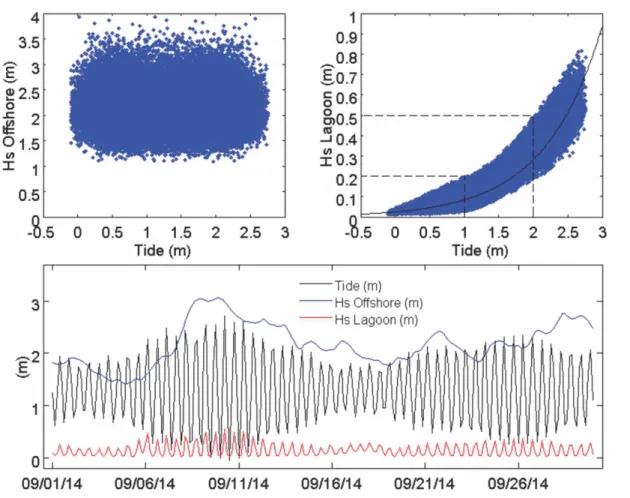 Figure 2.14. (a) Scatter plot of the tide (b) and offshore and lagoon wave and tide height