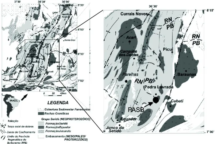 Figura 1: Contexto geológico da Província Pegmatítica da Borborema. Modificado de Beurlen et al., (2009) e Soares  et al., (2011)