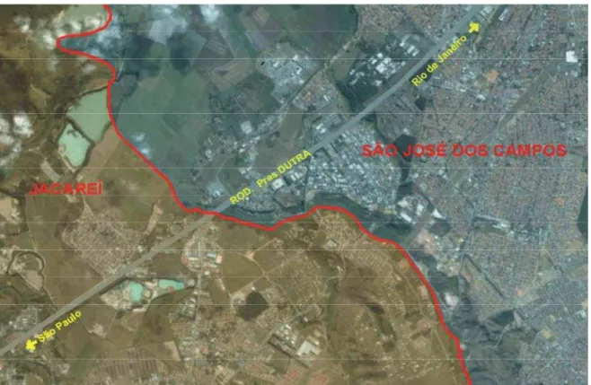 Figura 1.1 - Eixo viário e limite entre São José dos Campos e Jacareí  Fonte: Google, 2006