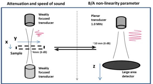 Figure 3.2: Schematic of the configuration of the experiments for the attenuation coefficient and speed of sound (left) and non-linear parameter (right)
