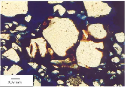 Figura 3.6 - Grãos de quartzo de variados tamanhos cimentados por óxido de ferro (Espósito,  2000) 