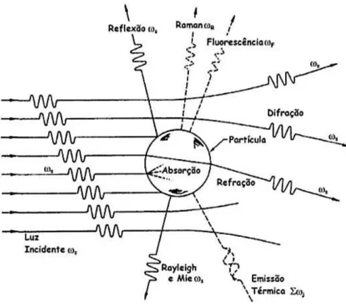 Figura 4.3: Mecanismos de interação da radiação com uma partícula. Figura adaptada de (SEINFELD; PANDIS, 1998)