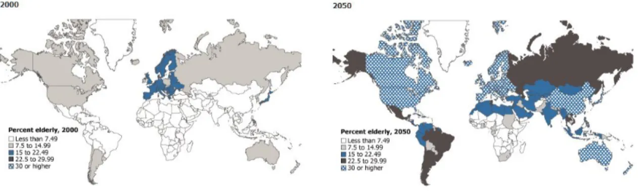 Figura 1.1 – Percentagem de pessoas idosas (≥65 anos), por país, entre 2000 e 2050 (Kaneda,  2006:1) 