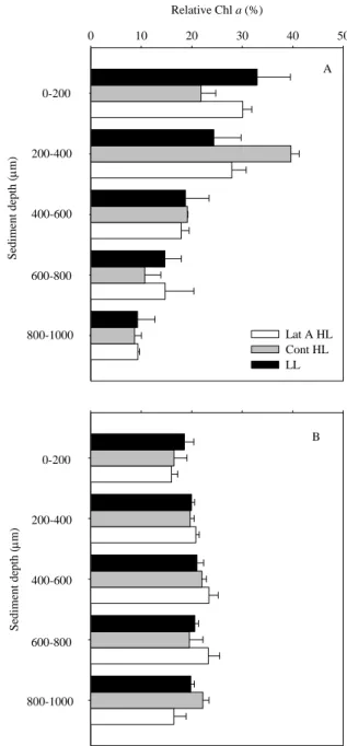 Fig. 4. Relative chlorophyll a (%, mean ± standard error) sediment depth profiles for intertidal muddy (A)  and sandy (B) sediments of the Tagus estuary