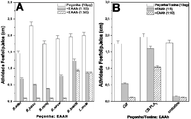 Figura  1.  Inibição  da  atividade  fosfolipásica  de  peçonhas  dos  gêneros  Bothrops,  Lachesis (A) e Crotalus e toxinas isoladas (B) pelo extrato aquoso de A