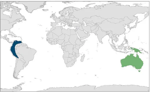 Figura 1. Distribuição das famílias Steatornithidae (azul) e Aegothelidae (verde), com base em Cleere  (2010)