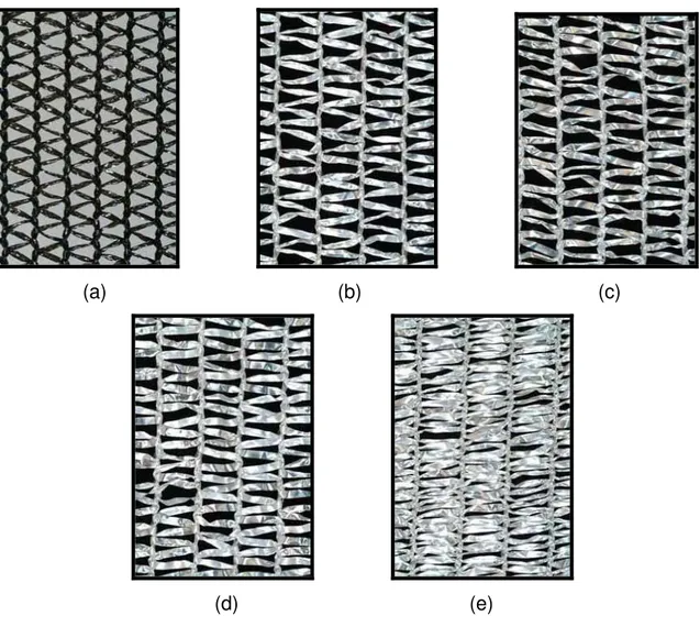 Figura 4 – Malha negra 50% (a); malha termo-refletora 40% (b), malha termo- refletora 50% (c), malha refletora 60% (d) e malha  termo-refletora 70% (e) 