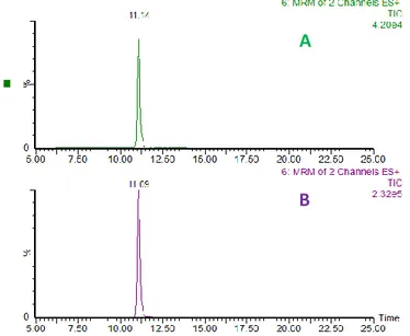 Figure 3.10 Chromatograms obtained in MRM mode, for the compound DMPN NAC: (A) 24 h and (B)  48 h of incubation reaction
