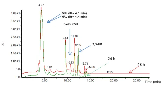 Figure  3.13  Chromatograms  obtained  by  LC  with  Diode  Array  detection  (210  to  600  nm),  for  the  synthesis of compound DMPN GSH: (─) 24 h and (─) 48 h of incubation reaction