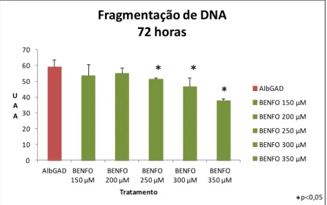 Figura  11:  Gráfico  representativo  do  índice  de  apoptose  de  ilhotas  pancreáticas  expostas  a  5mg/mL  de  AlbGADtratadas  com  150  µM  (BENFO  150  µM),  200  µM  (BENFO 200 µM), 250 µM ((BENFO 250 µM), 300 µM (BENFO 300 µM) e 350  µM  (BENFO  3