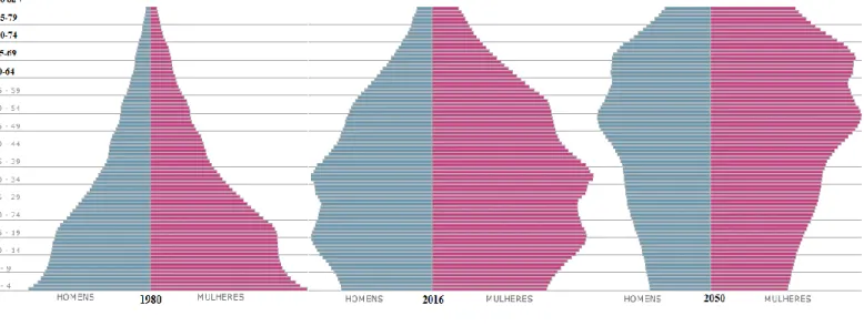 Figura  1  –  Distribuição  da  população  brasileira  segundo  as  faixas  etárias  para  os  anos  de  1980, 2016 e estimativa para 2050