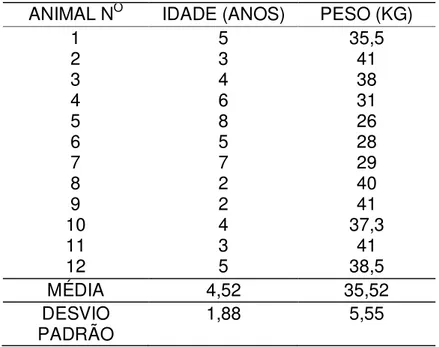 Tabela 2 - Média e desvio padrão das medidas de peso e idade dos animais do Grupo II                      (Lidocaína+Fentanil+Morfina) - São Paulo - 2010 