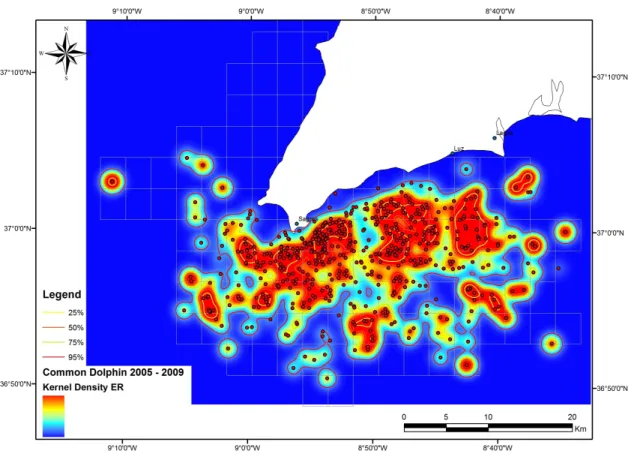 Figure 10. Kernel density spatial distribution of Common dolphins weighted by the encounter rate (ER) during  2005-2009, representing areas of higher probability of hotspots