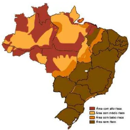 Figura 2. Áreas Endêmicas de malária no Brasil de acordo com o risco de transmissão  (Fonte: FUNASA – Fundação Nacional de Saúde / Superintendência de Controle de  Endemias -SUCEN, 1994)