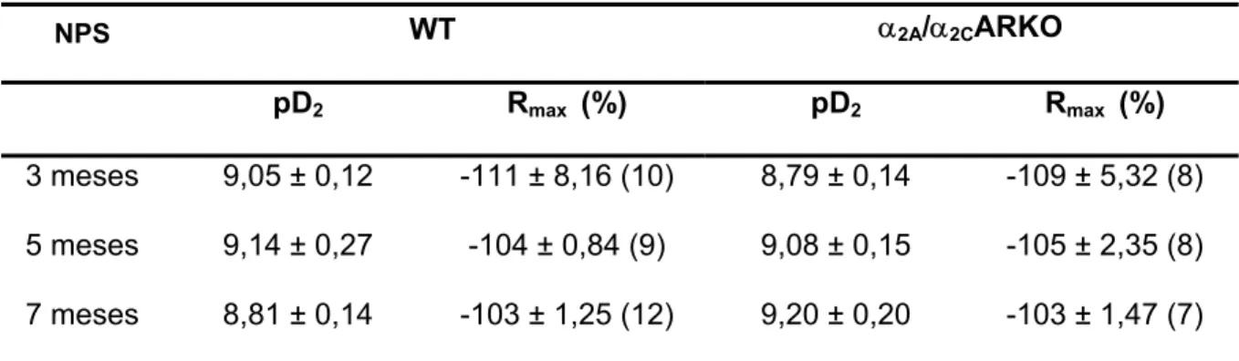 Tabela 5: Valores de sensibilidade (pD 2 ) e resposta máxima (R max , % de relaxamento) obtidos através  de curvas concentração-resposta ao nitroprussiato de sódio (NPS) em aorta torácica de  camundongos WT e α 2A /α 2C ARKO com 3, 5 e 7 meses de idade