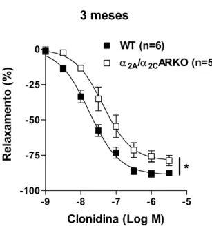 Figura 5: Curva concentração-resposta à clonidina em aorta torácica de camundongos WT e  α 2A /α 2C ARKO com 3 meses de idade pré-contraídas com fenilefrina (aproximadamente 100 nM)